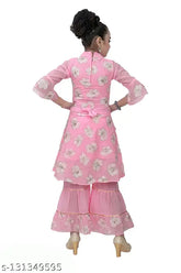 Premia girls festive wear Kurta and Sharara set, printed chiffon A-line kurta with three-quarter sleeves, festive wear for kids aged 3-9 years, Indian traditional outfit on display